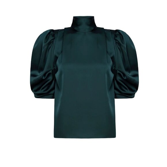 NWT Misa Los Angeles Luella Emerald Satin Top Mock Neck Blouson Sleeves Sz‎ XS - Picture 1 of 10